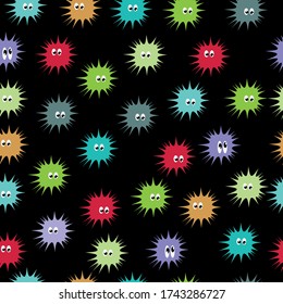 seamless texture, black background with colorful spines with eyes, spiky balls fun for kids