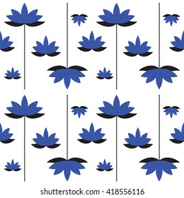 Seamless texture with black and blue graphic  lotus on white background
