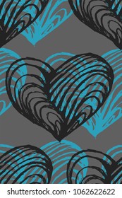 Seamless texture with black and blue hearts on a gray background. Repeating tile pattern. can be used for Valentine's Day cards, blog backdrop, wallpaper, desktop,  etc. 