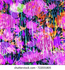 Seamless texture with black, blue, orange and purple colors. Strokes, splotches and blots. Abstract vector background for web page, banners, fabric, home decor, wrapping, boho design