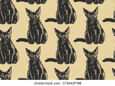 Seamless texture with black cat. Repeating background with ink drawn cat. A great background for your design