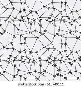 Seamless texture of black lace mesh with small bows. Vector illustration.