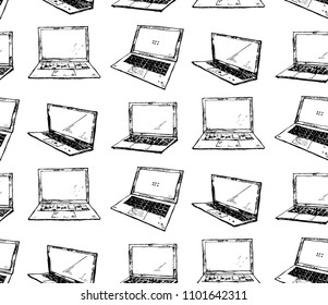 Seamless Texture With Black Laptops On A White Background. Technology Theme. Hand Drawn Elements. 