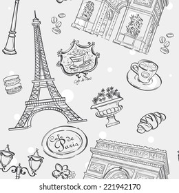 Seamless texture in black outline with the image of the Eiffel Tower, France, and other items