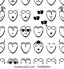 Seamless texture of black outlines of hearts with different moods on the white background