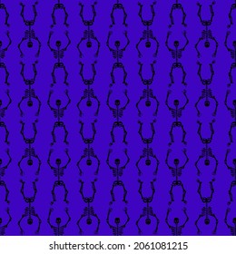 Seamless texture with black skeletons dancing and having fun on a purple background.