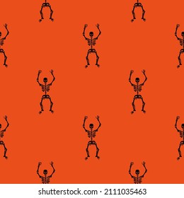 Seamless texture with black skeletons dancing and having fun on a orange background.