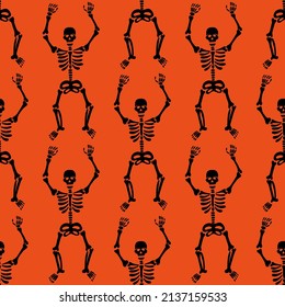 Seamless texture with black skeletons dancing and having fun on a orange background.