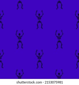 Seamless texture with black skeletons dancing and having fun on a purple background.