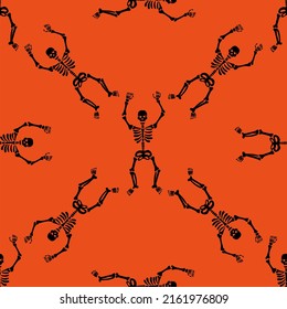 Seamless texture with black skeletons dancing and having fun on a orange background.