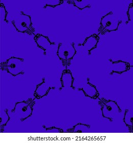 Seamless texture with black skeletons dancing and having fun on a purple background.