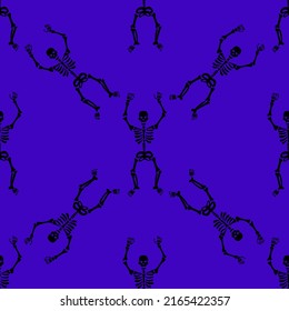 Seamless texture with black skeletons dancing and having fun on a purple background.
