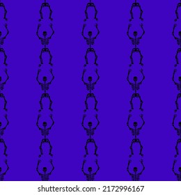 Seamless texture with black skeletons dancing and having fun on a purple background.