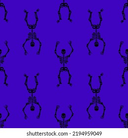 Seamless texture with black skeletons dancing and having fun on a purple background.