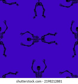 Seamless texture with black skeletons dancing and having fun on a purple background.