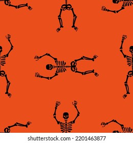 Seamless texture with black skeletons dancing and having fun on a orange background.