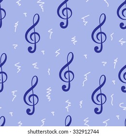 Seamless texture with black treble clefs on a violet background