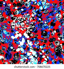 Seamless texture. Black, white, blue, red colors. Splatter pattern. Abstract vector background for web page, banners, fabric, home decor, wrapping 