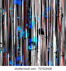 Seamless texture. Black, white, blue, red colors. Vertical lines and blots. Grunge pattern. Abstract vector background for web page, banners, fabric, home decor, wrapping