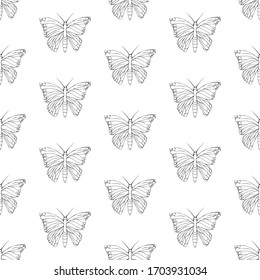 Seamless texture with black and white butterflies on a transparent background. Linear silhouettes of winged insects in a checkerboard pattern. Template for fabric packaging. Pattern in swatch panel.