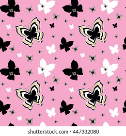 Seamless texture with black and white butterflies on pink background