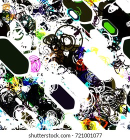 Seamless texture. Black and white with color inclusion. Geometric shapes and hand drawn scribbles. Abstract vector background for web page, banners, fabric, home decor, wrapping 