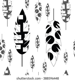 Seamless texture with black and white decorative feathers with circles and squares on white background