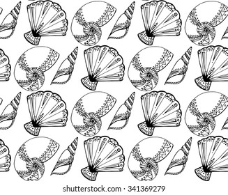 Seamless texture with black and white doodle seashells. Boho pattern. 