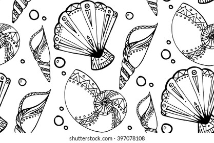 Seamless texture with black and white doodle seashells. Boho pattern. 