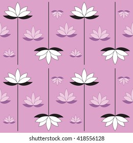 Seamless texture with black and white graphic lotus on purple background