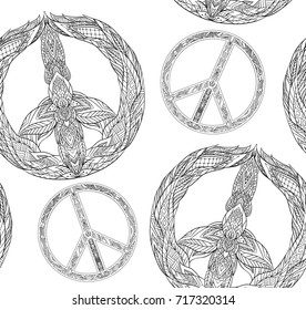 Seamless texture with a black and white peace symbol and a boho pattern on a white background. Vector element for fabrics, wallpaper, wrapping paper and your creativity. Coloring for Adult 
