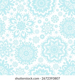 seamless texture with blue arabesque mandala. background with abstract snowflakes