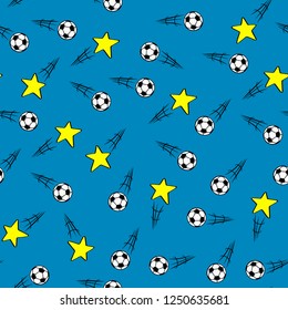 Seamless texture. Blue background. Soccer balls and shooting stars with action lines. Vector illustration in comic style