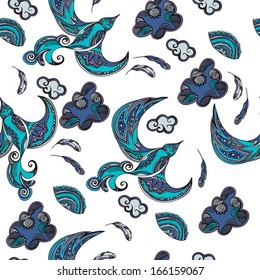 Seamless texture with blue birds and clouds. Can be used as wallpaper or background