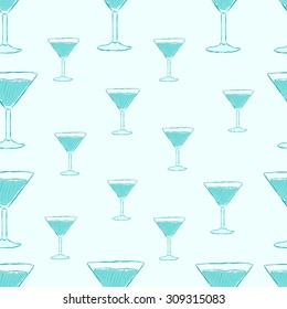 Seamless texture with blue cocktail glasses on the blue