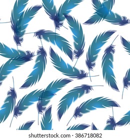 Seamless texture with blue decorative feathers on white background