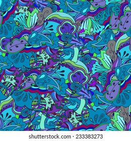 Seamless texture of blue flowers and trees in a simple style. Vector illustration.