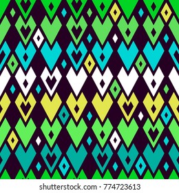 Seamless texture of blue, green, white, yellow diamonds and hearts