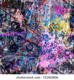 Seamless texture. Blue, grey, black, pink, yellow, white colors. Chaotic pattern with different shapes. Abstract vector background for fabric, home decor, wrapping 