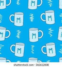Seamless texture with blue mugs with drawing of gift boxes