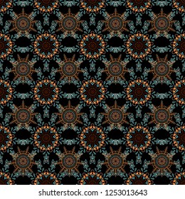 Seamless texture with blue, orange and brown snowflakes and dots on a black background. Starry Sky. Falling snow.
