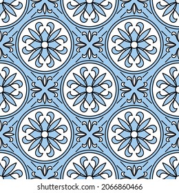 Seamless texture with blue oriental geometric ornament. Vector mosaic pattern