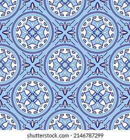 Seamless texture with blue oriental geometric ornament. Vector mosaic pattern