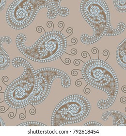 Seamless texture with blue ornaments in the form of a drop on a light brown background