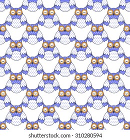 Seamless texture with blue owls on a white background