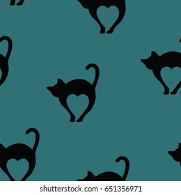 Seamless texture blue pattern, silhouette cat, showing the shape of hearts, vector illustration