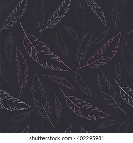 Seamless texture with blue and pink decorative feathers on dark gray background