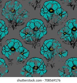 Seamless texture with blue poppies on a gray background. Repeated pattern. It can be used as wallpaper, desktop, printing, wrapping, fabric or background for your blog, covers and your design. 