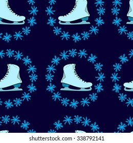 Seamless texture with the blue skates in a snow round