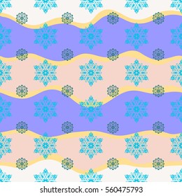 Seamless texture with blue snowflakes and dots on a wave background. Starry Sky. Falling snow.